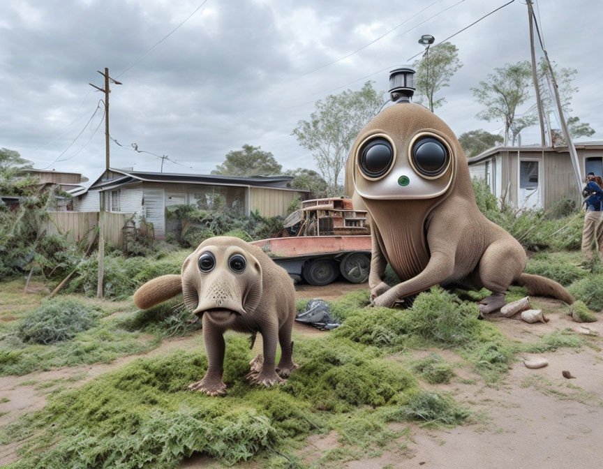 Two large cartoon creatures with big eyes in surreal rural scene.