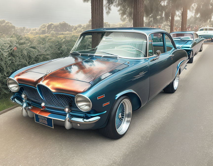 Classic Blue Car with White-Wall Tires and Chrome Details in Sunset Reflection