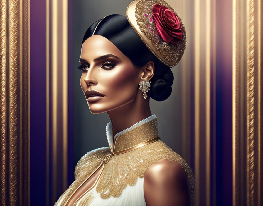 Elegant woman illustration with slick hairstyle and golden accessories