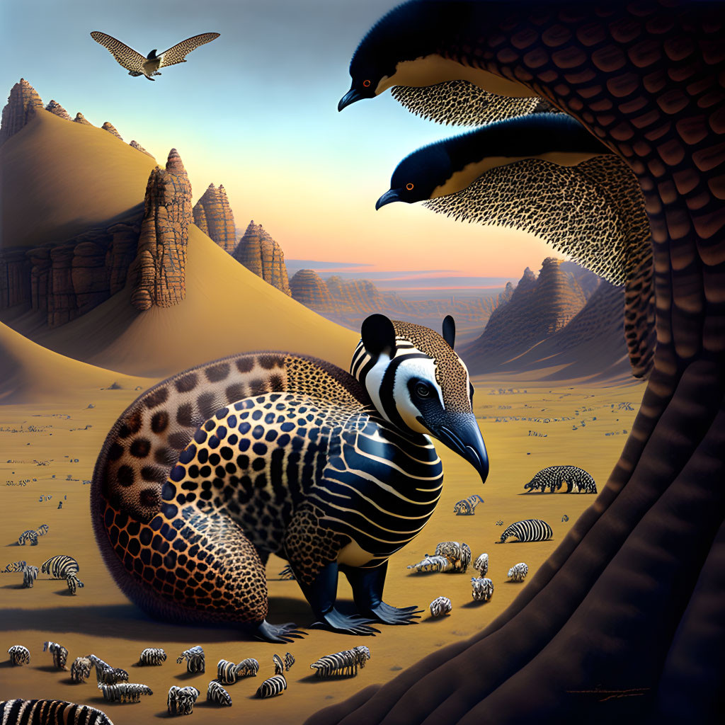 Surreal animal artwork in desert with mixed traits and hawk in sunset sky