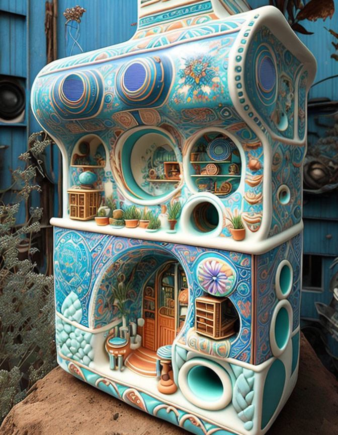 Intricate blue pattern ceramic house with circular windows and cozy interior details