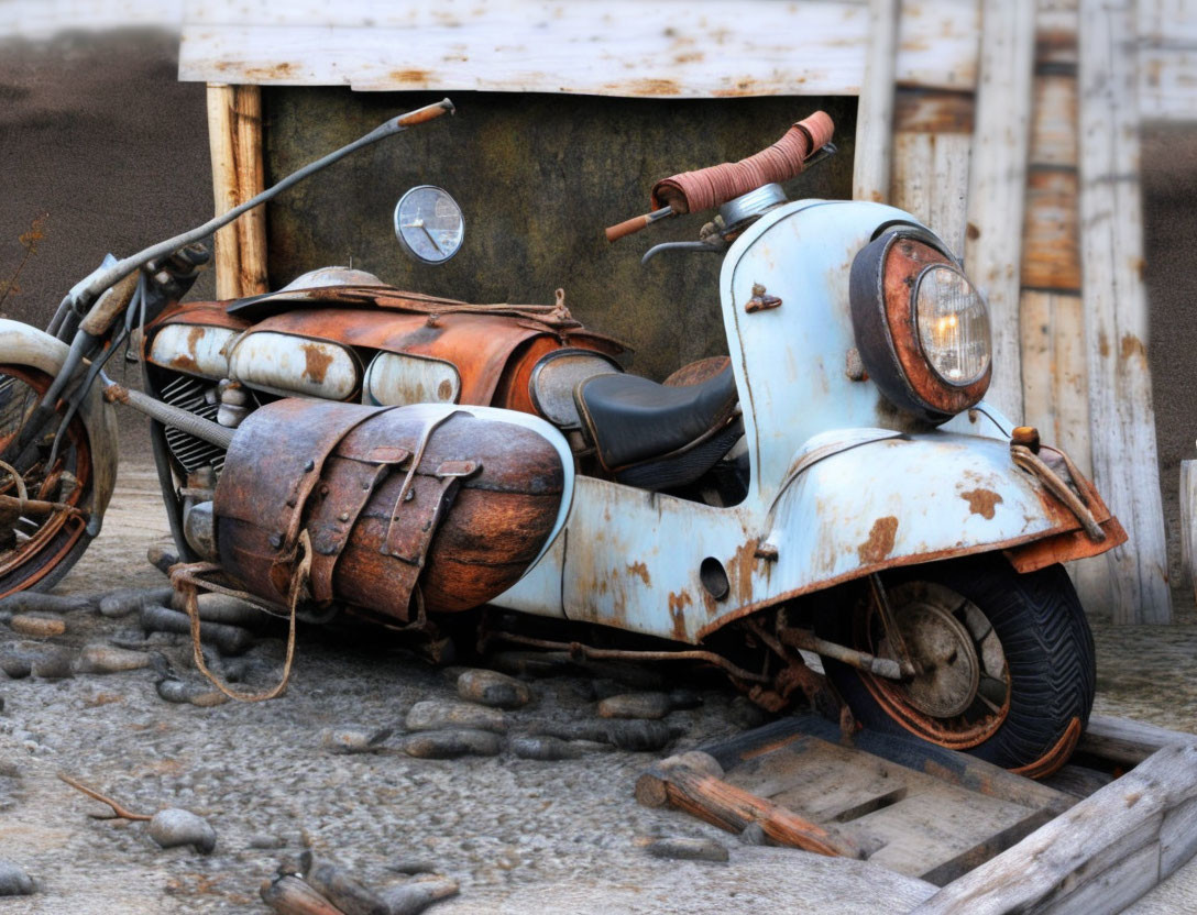 Rusted vintage scooter with leather saddlebag parked near wooden structure