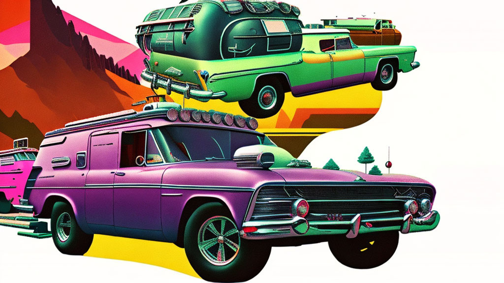 Colorful Vintage Cars with Surfboards in Retro-Futuristic Style