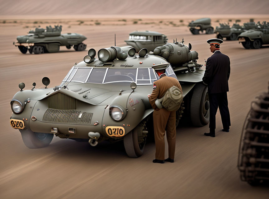 Futuristic military convoy with armored vehicle and soldier in desert