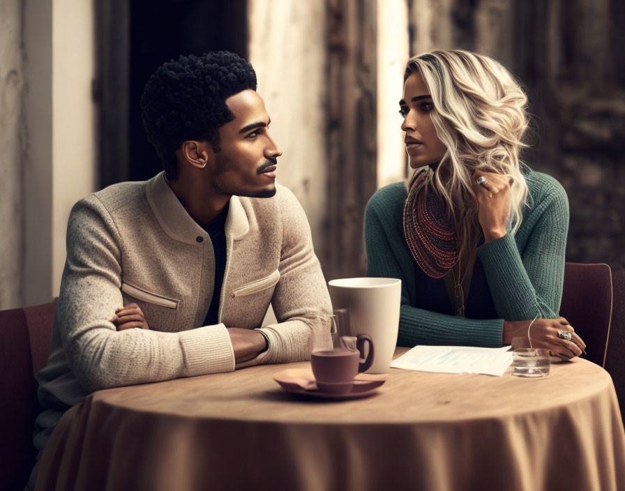 Man and woman conversing at café table with coffee and papers