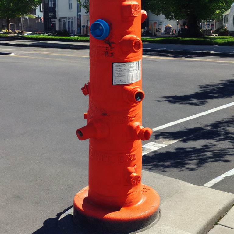 Vibrant orange fire hydrant with blue reflector on sunny sidewalk