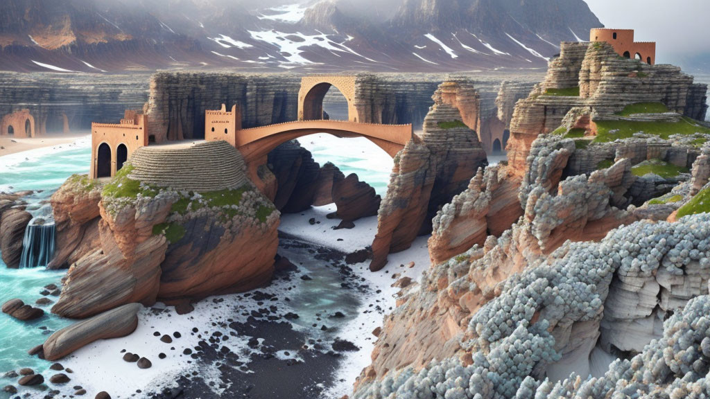 Majestic fantasy landscape with rock formations, bridges, waterfalls, and castles