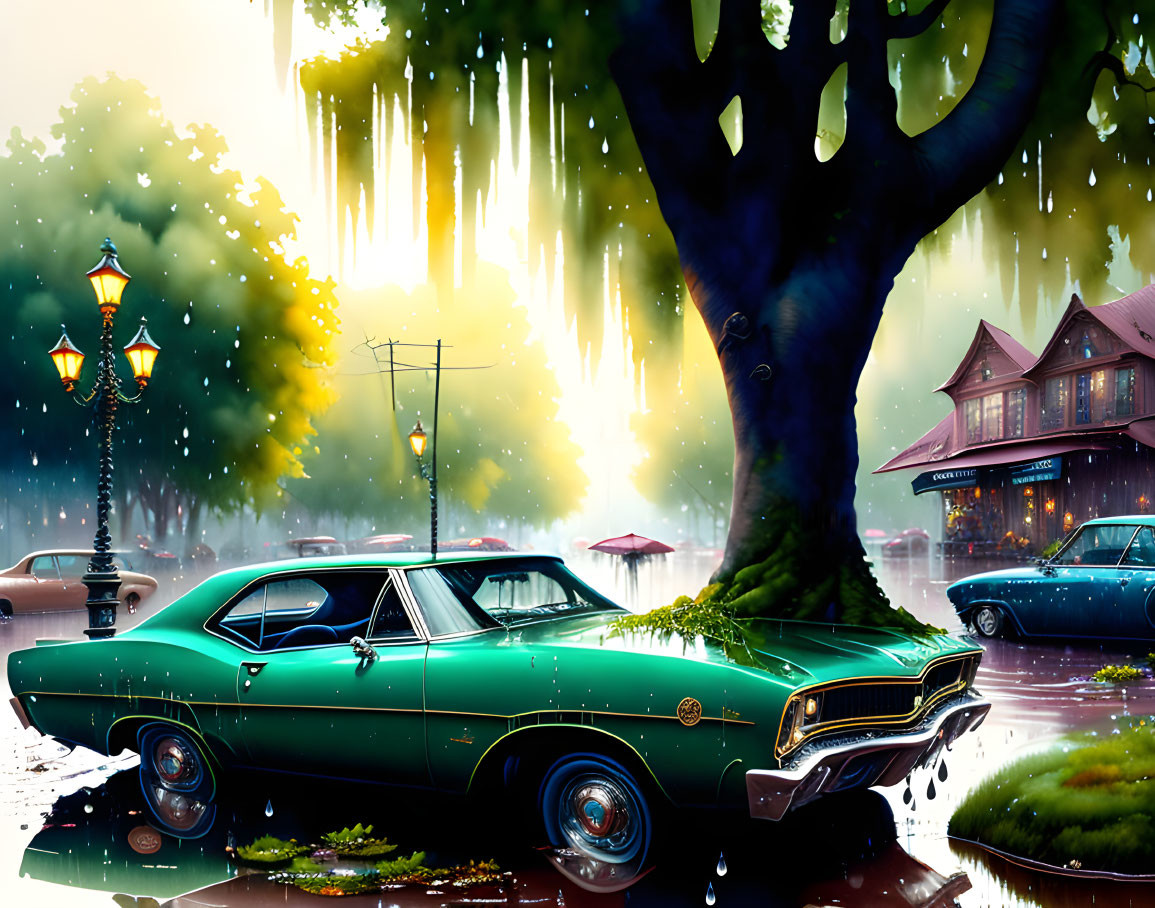 Vintage Green Car Parked Under Tree with Hanging Moss and Streetlight in Rain