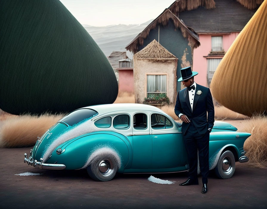 Stylish man in top hat near vintage teal car and whimsical trees