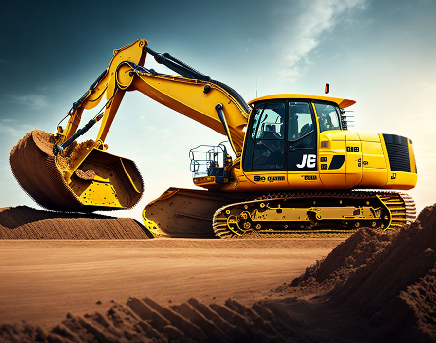 Yellow Excavator with Raised Bucket on Earth Mound