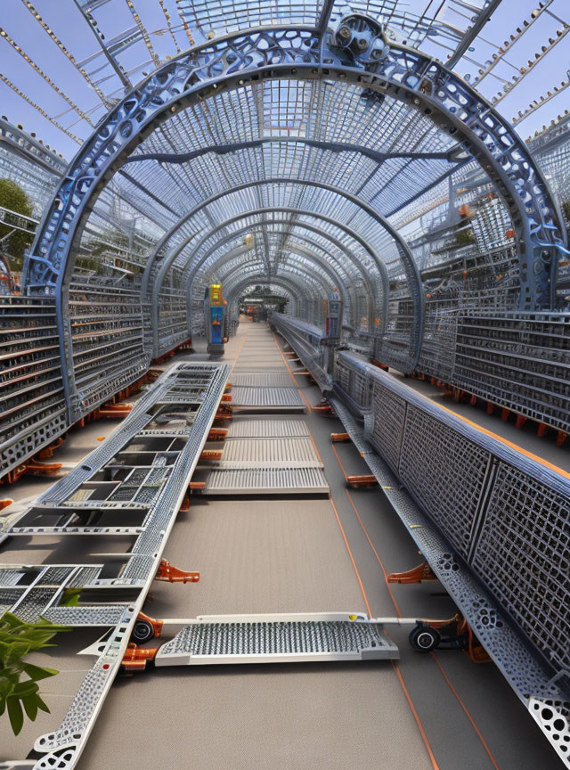 Modern glass-roofed greenhouse with ornate metal arches and empty plant display benches.