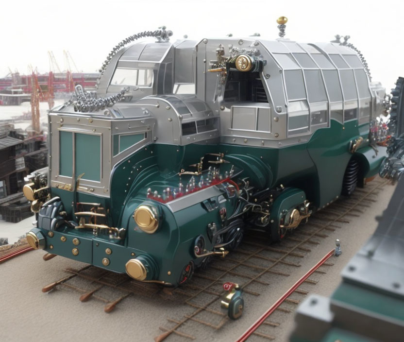 Steampunk-style train model with metallic accents on track.