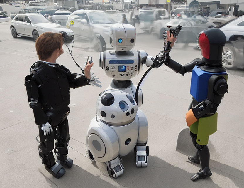 Robotic Exoskeleton Selfie with Humanoid Robots in City Street