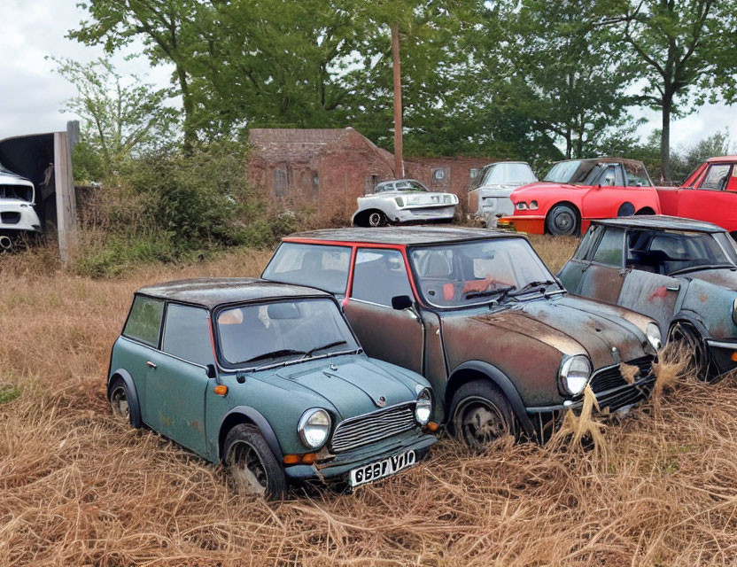 Rusted Classic Cars, Minis Abandoned in Overgrown Field