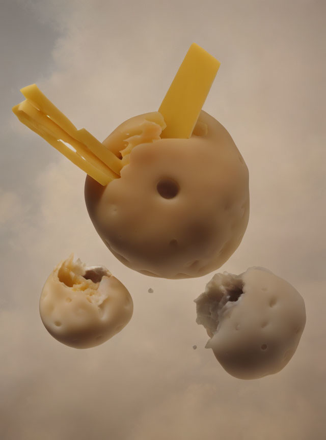 Surreal image of cheese planets in creamy sky