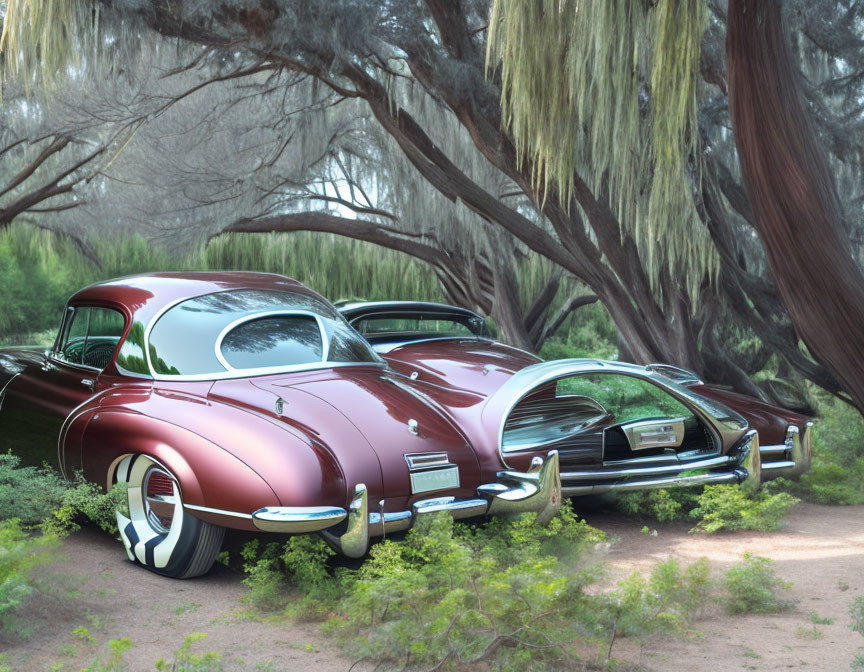 Classic Purple Cars Parked Under Weeping Trees in Forest Setting