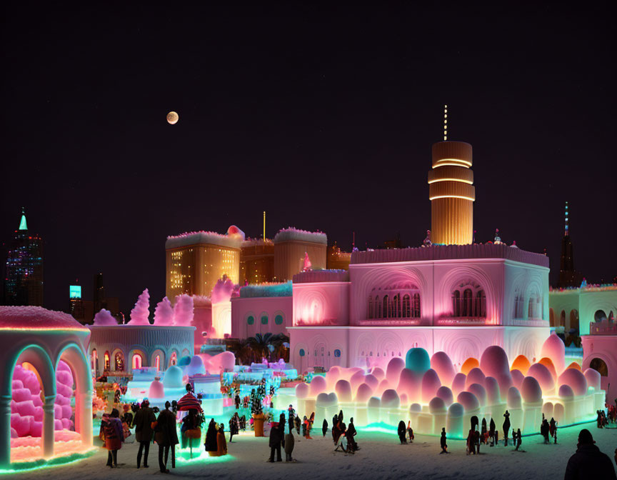 Nighttime Ice Sculpture City with Crescent Moon