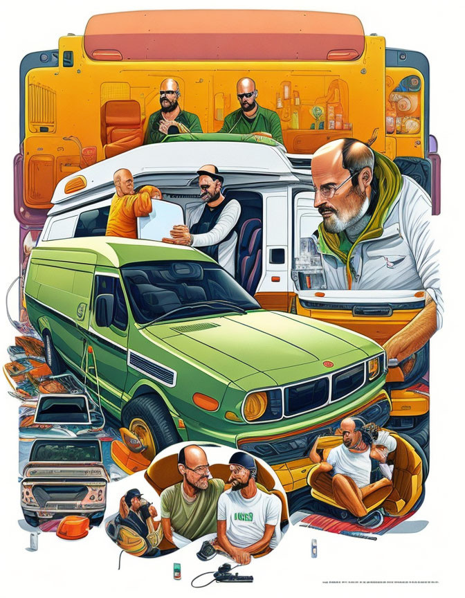 Multiple stylized bald man illustrations on a road trip with a green and white van.