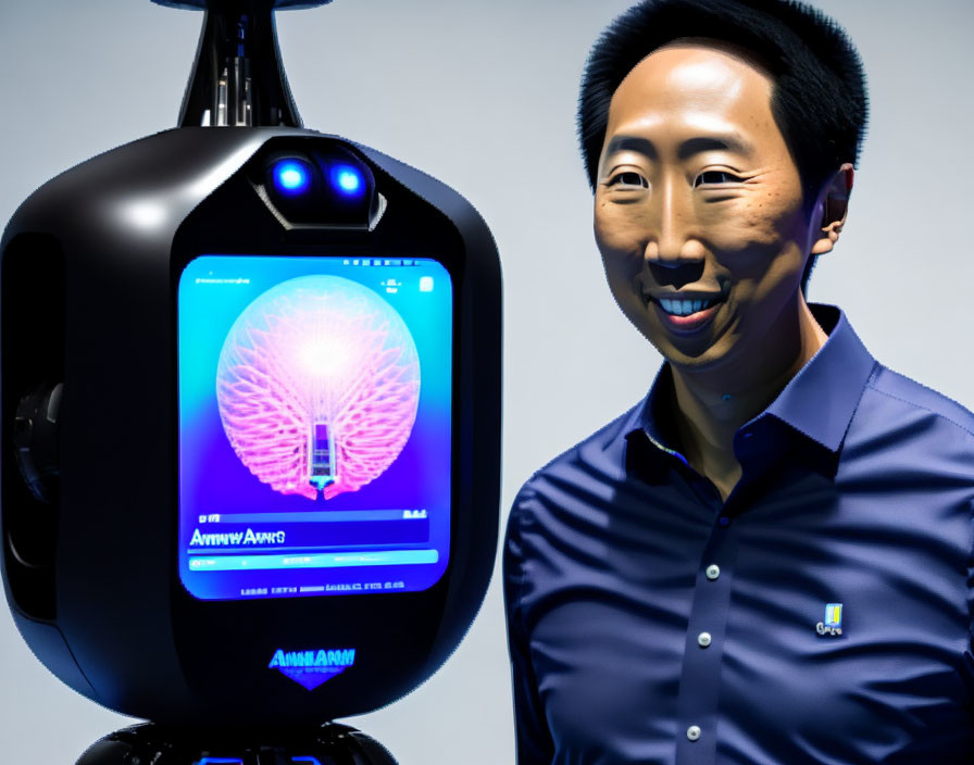 Man smiling beside futuristic black robot with brain graphic screen