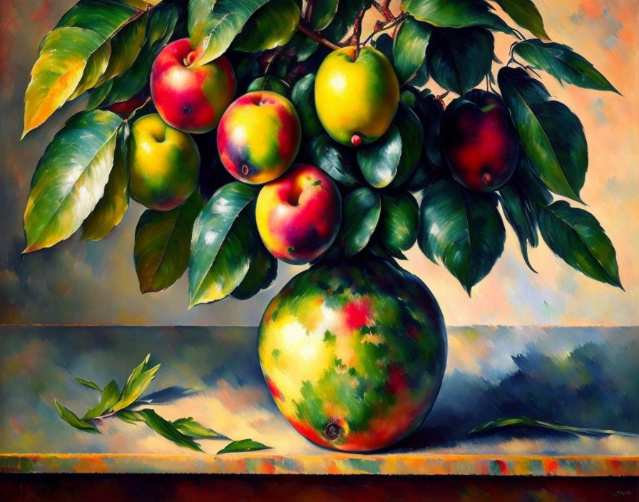 Colorful Apple Painting with Lush Leaves and Ripe Fruit