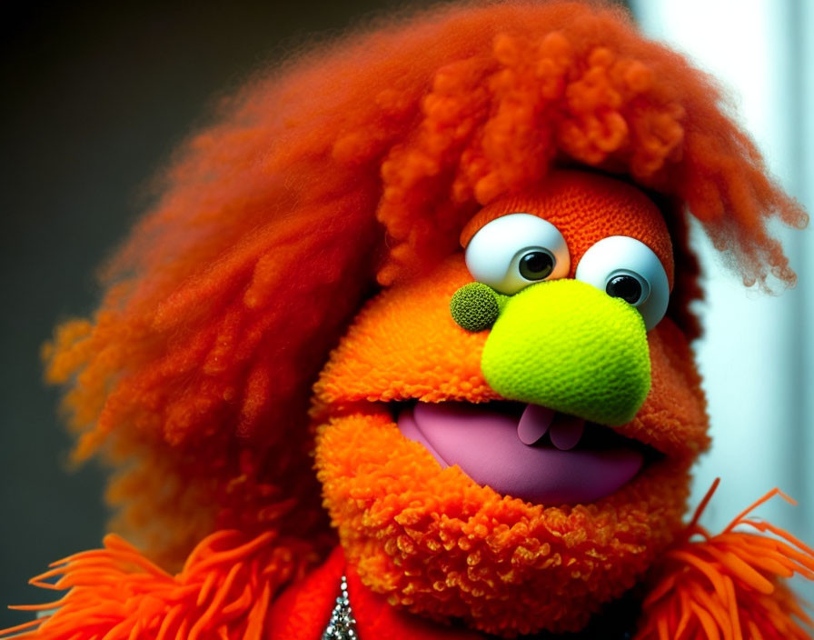 Colorful puppet with fluffy hair and wide eyes peeking around corner.