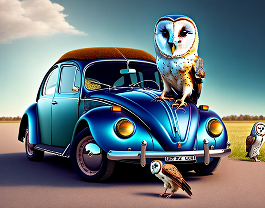 Colorful Volkswagen Beetle illustration with owls in pastoral setting