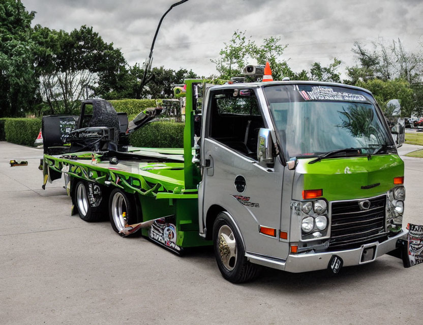 Green and Black Customized Tow Truck with Flatbed and Wheel Lift, Outdoors