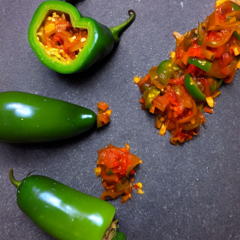 Fresh Green Jalapeño Peppers Sliced Open on Dark Surface