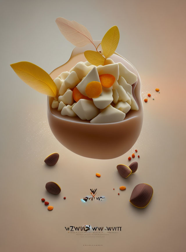 Chocolate egg with white cream, orange slices, and whimsical symbols depicted.