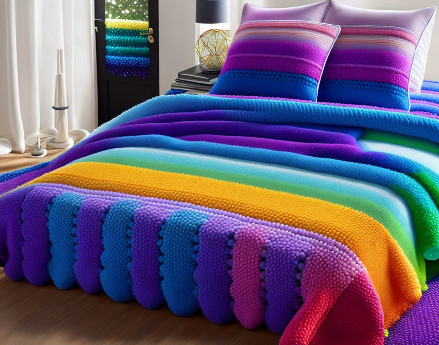 Vibrant rainbow knitted blanket on bed with matching pillows in cozy room