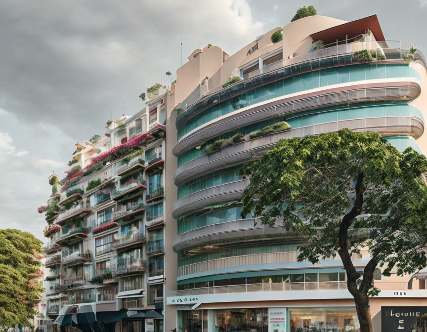 Curved balconies, greenery, and retail shops in modern apartment building