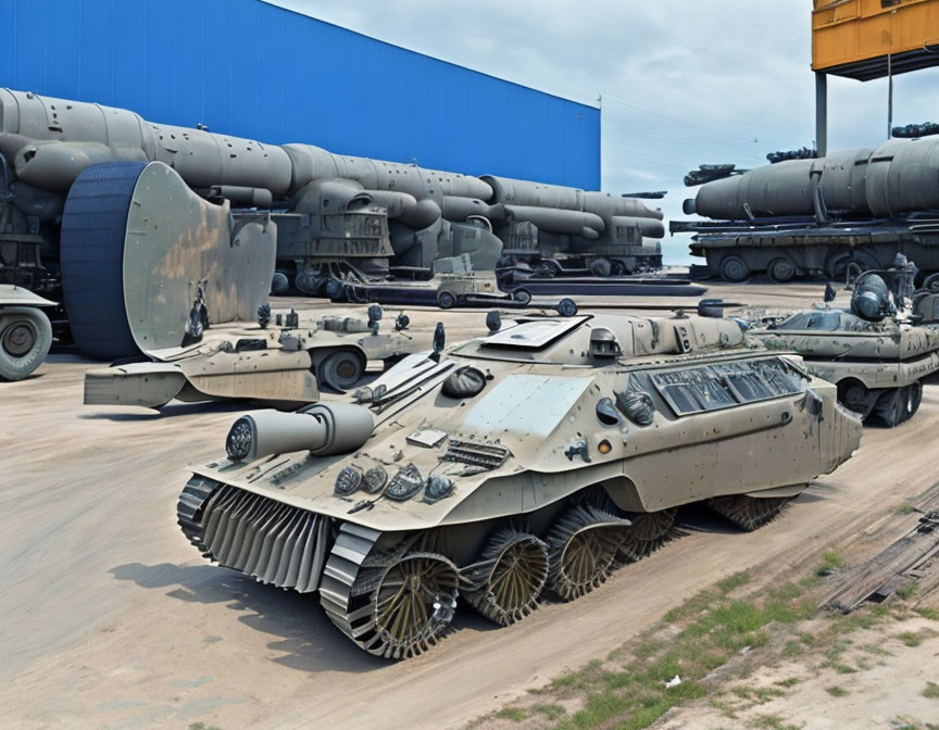 Armored military vehicle with tracked wheels in storage yard.