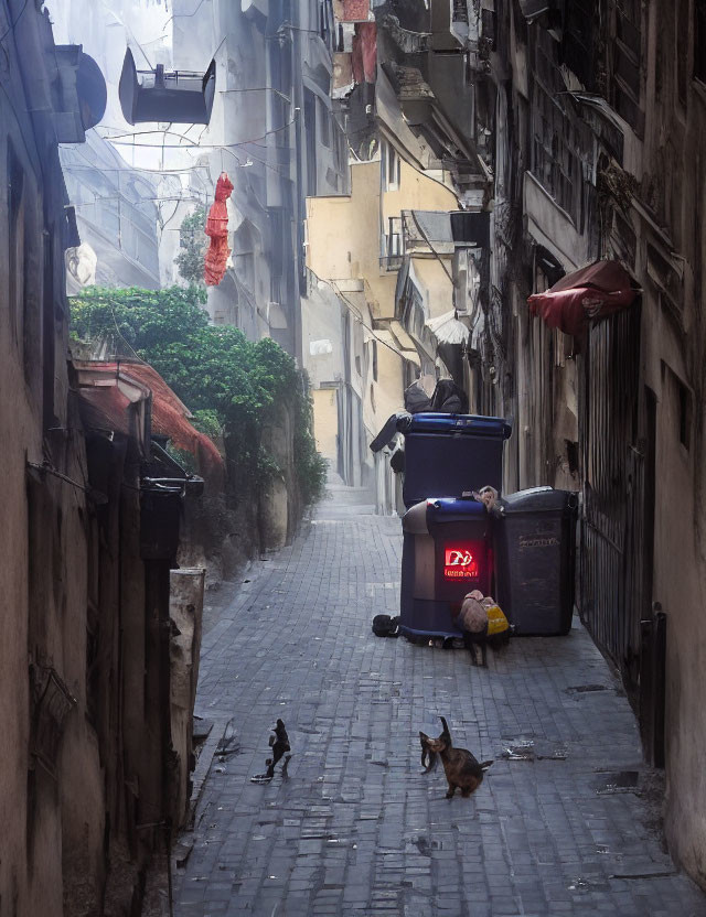 Old Buildings and Cats in Narrow Alleyway Scene