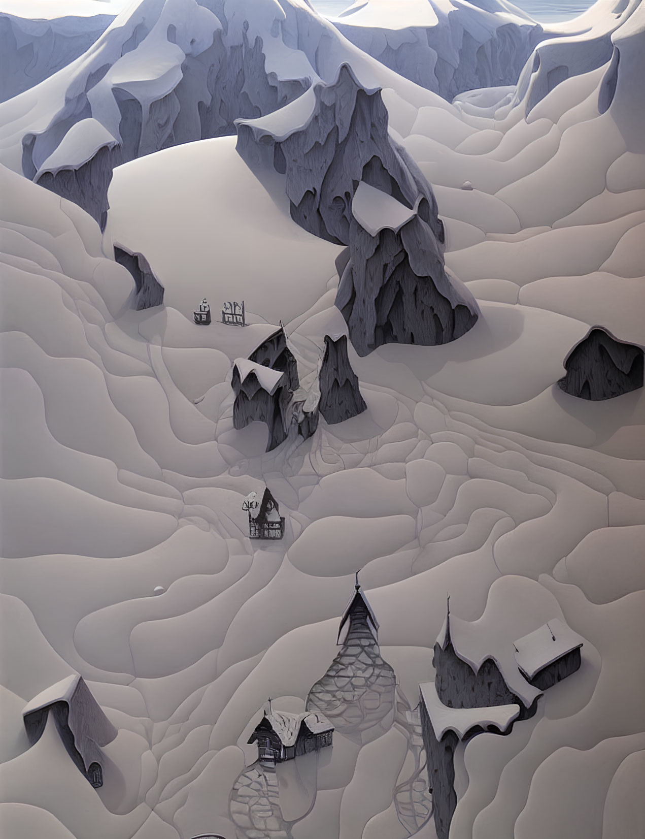 Snowy hills and mountains in a stylized winter landscape with scattered houses.