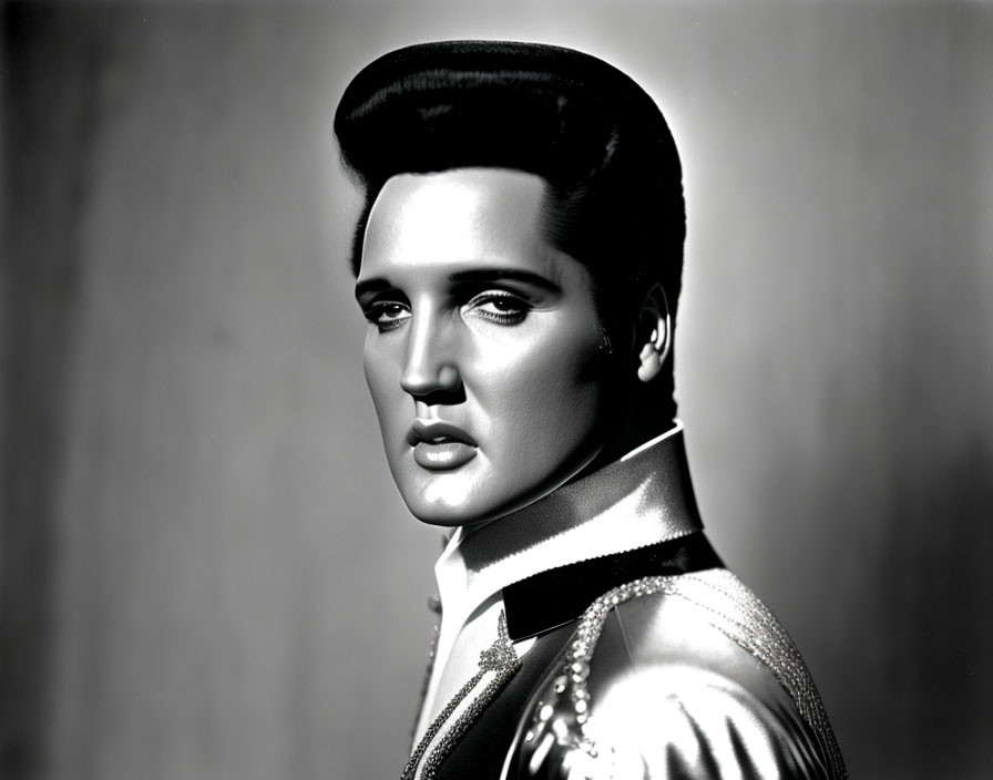 Monochrome portrait of man with pompadour hairstyle and ornate lapel shirt