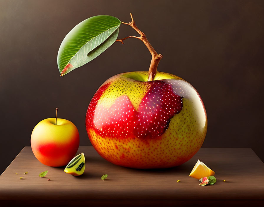 Realistic surreal fruit image: oversized multicolored apple, normal-sized apple with cut segments