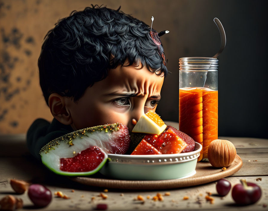 Child's face merges with plate of fruits and butterfly, alongside sliced strawberries and juice jar.