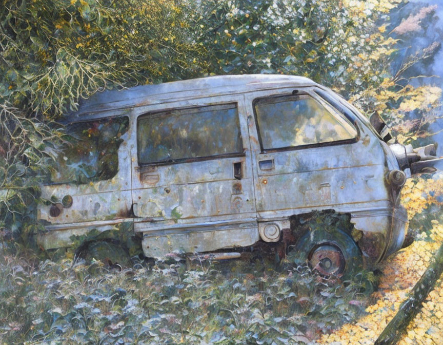 Abandoned van covered in vegetation and rust in forest