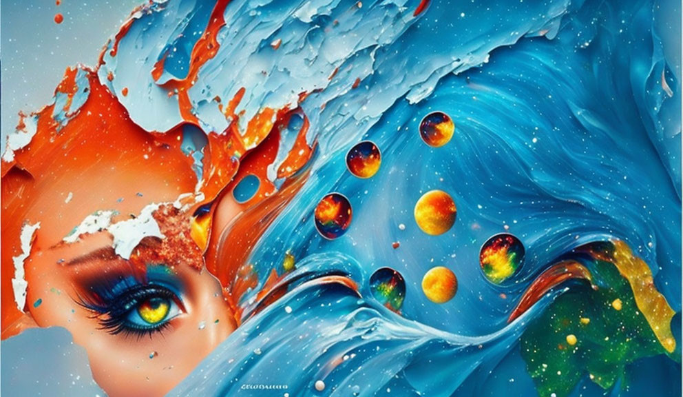 Colorful cosmic digital artwork of a woman's face with dynamic water splashes