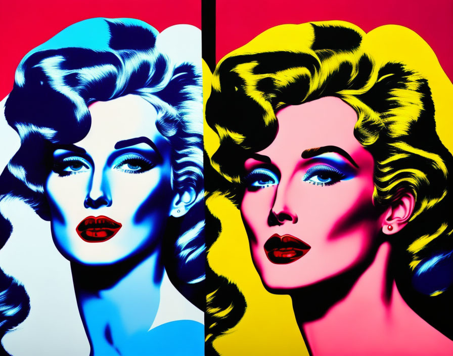 Stylized pop art portraits of a woman with dramatic hair and makeup in blue and yellow hues