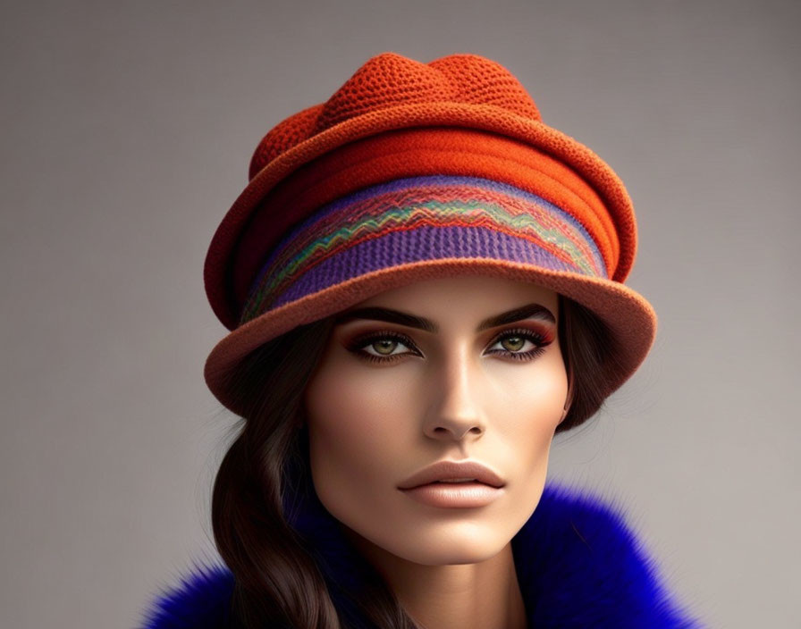 Woman with Brown Hair and Green Eyes in Colorful Knitted Hat and Blue Fur Collar