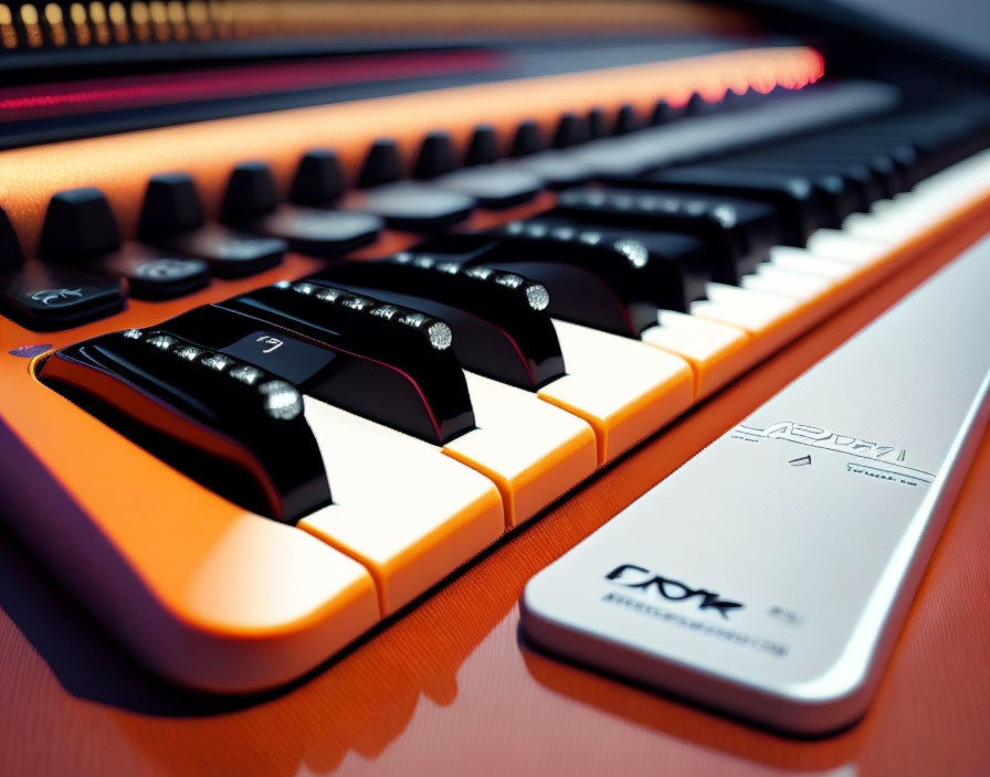 Modern electronic keyboard with black and white keys and orange accents.