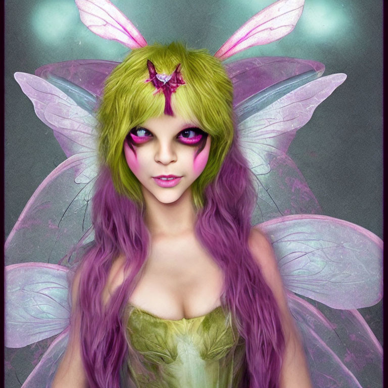 Vibrant fairy with green and purple hair and butterfly on forehead