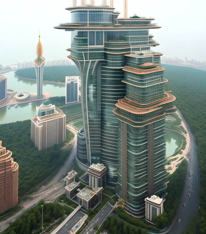 Futuristic skyscraper with curved layers in urban setting