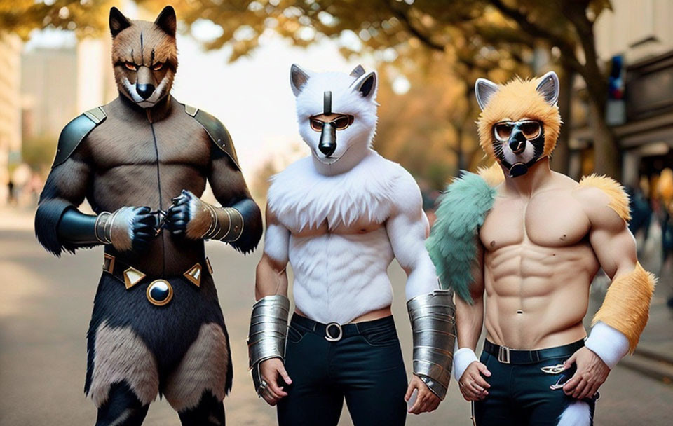 Three individuals in raccoon, wolf, and fox costumes posing on street