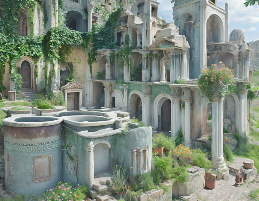 Serene ancient ruins with overgrown vegetation under a bright sky