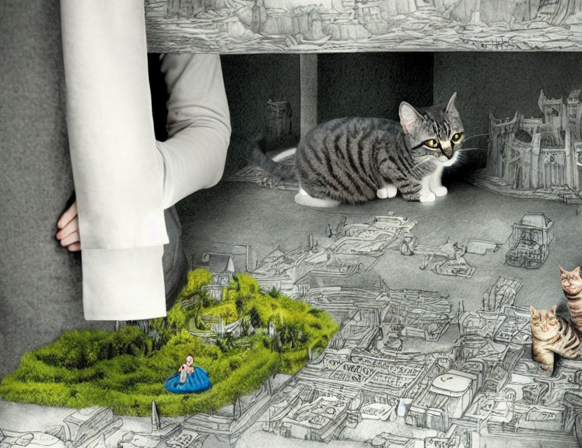 Surreal miniature cityscape with cats and person's lower body