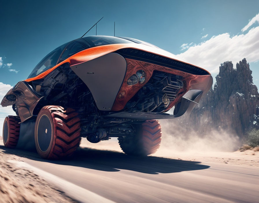 Futuristic vehicle with oversized wheels in desert landscape