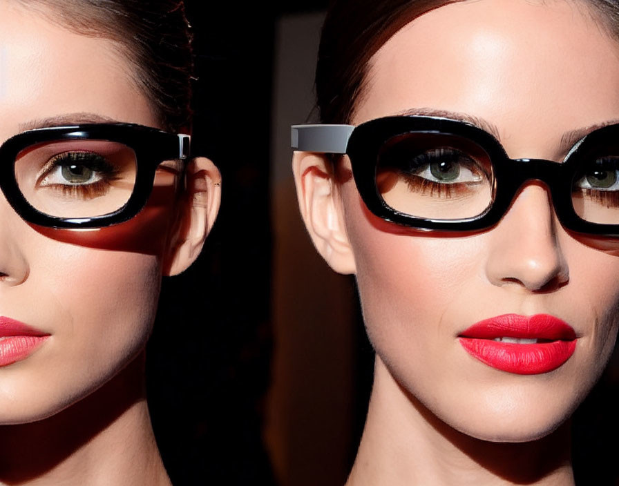 Two women in red lipstick and black glasses with dramatic lighting contrast.