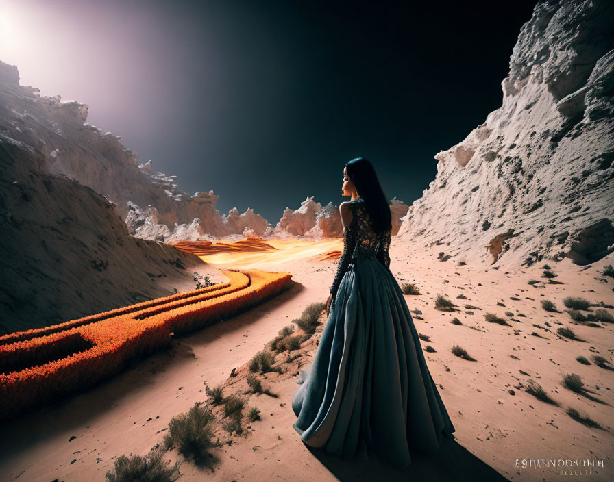 Woman in Blue Dress in Surreal Desert Landscape with Glowing Orange River